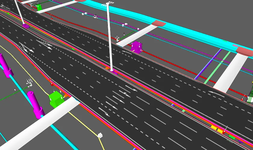 3D BIM model of civil infrastructure with roadways, utilities, and signage