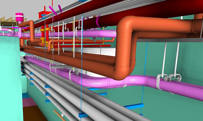 3D BIM model showcasing MEP piping systems in a construction project