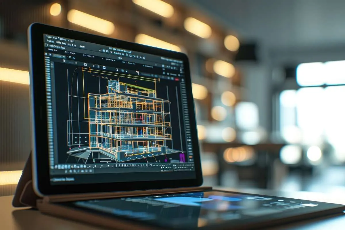 BIM 3D building model displayed on laptop screen