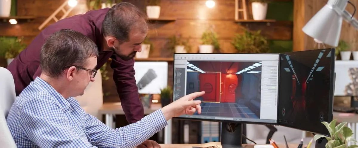 Engineers collaborating on complex surface modeling for architectural design using advanced software