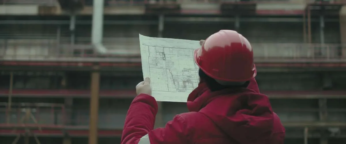 Construction worker reviewing BIM clash detection drawings on-site for system coordination
