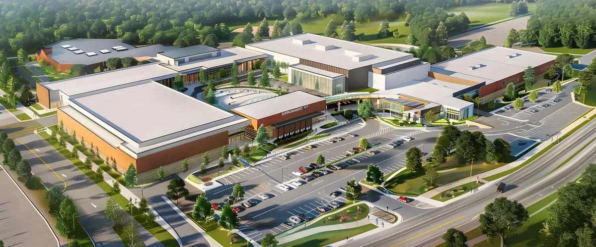 BIM services for educational facility design, showcasing detailed campus buildings and surrounding landscape