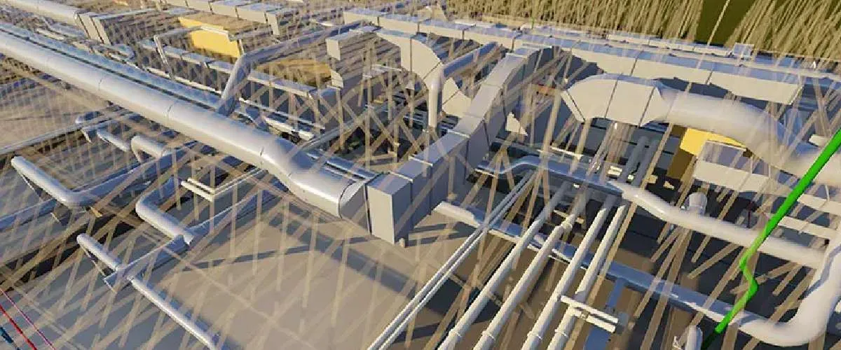 3D MEP BIM and VDC modeling services for building systems, showcasing detailed piping and ductwork