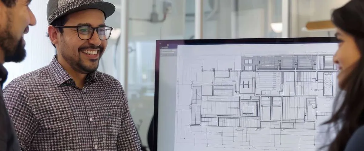 CAD to BIM services with team discussing architectural design on a digital model