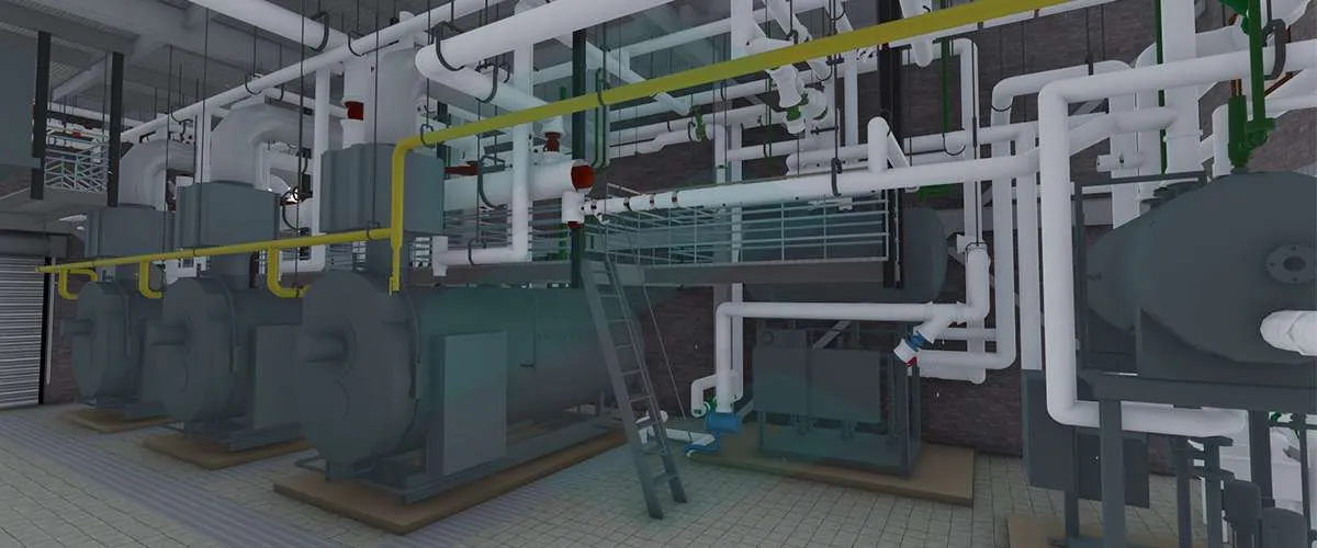 3D BIM model of a mechanical room showing detailed piping systems and equipment layout