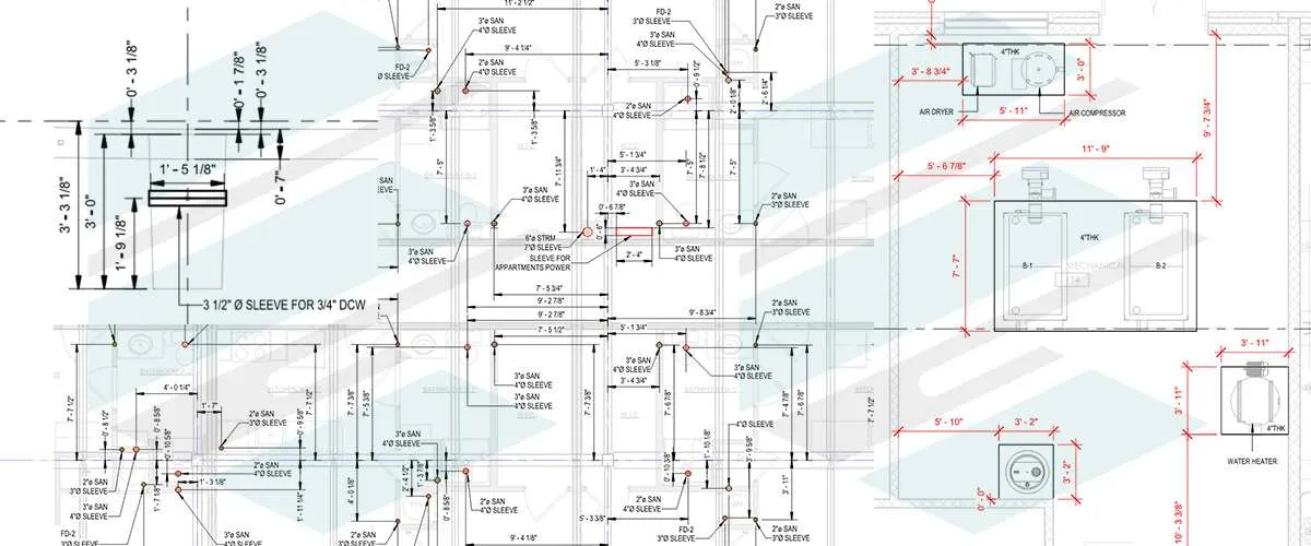 Construction drawings illustrating mechanical system placement and measurements for installation