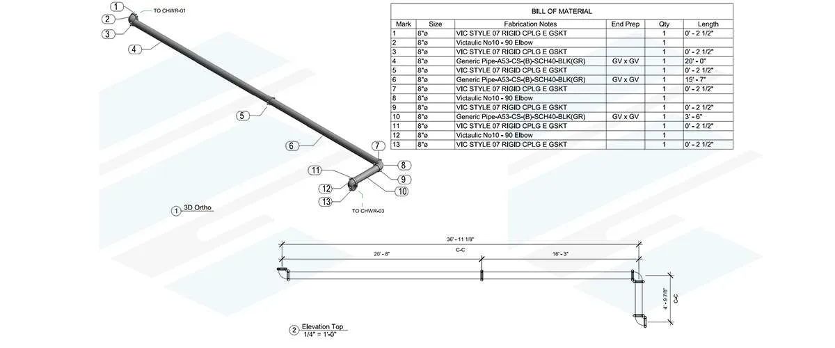 Spool drawings for digital prefabrication with detailed material list and pipe routing for construction