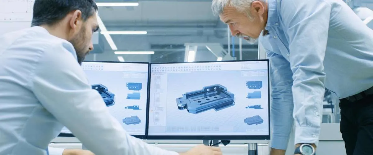 Engineers reviewing 3D product design models using BIM software for product manufacturing